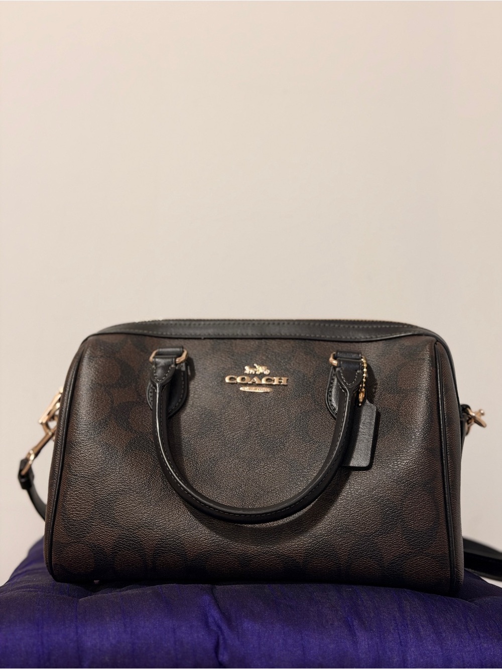 Coach Brown Signature Canvas Satchel with Black Trim